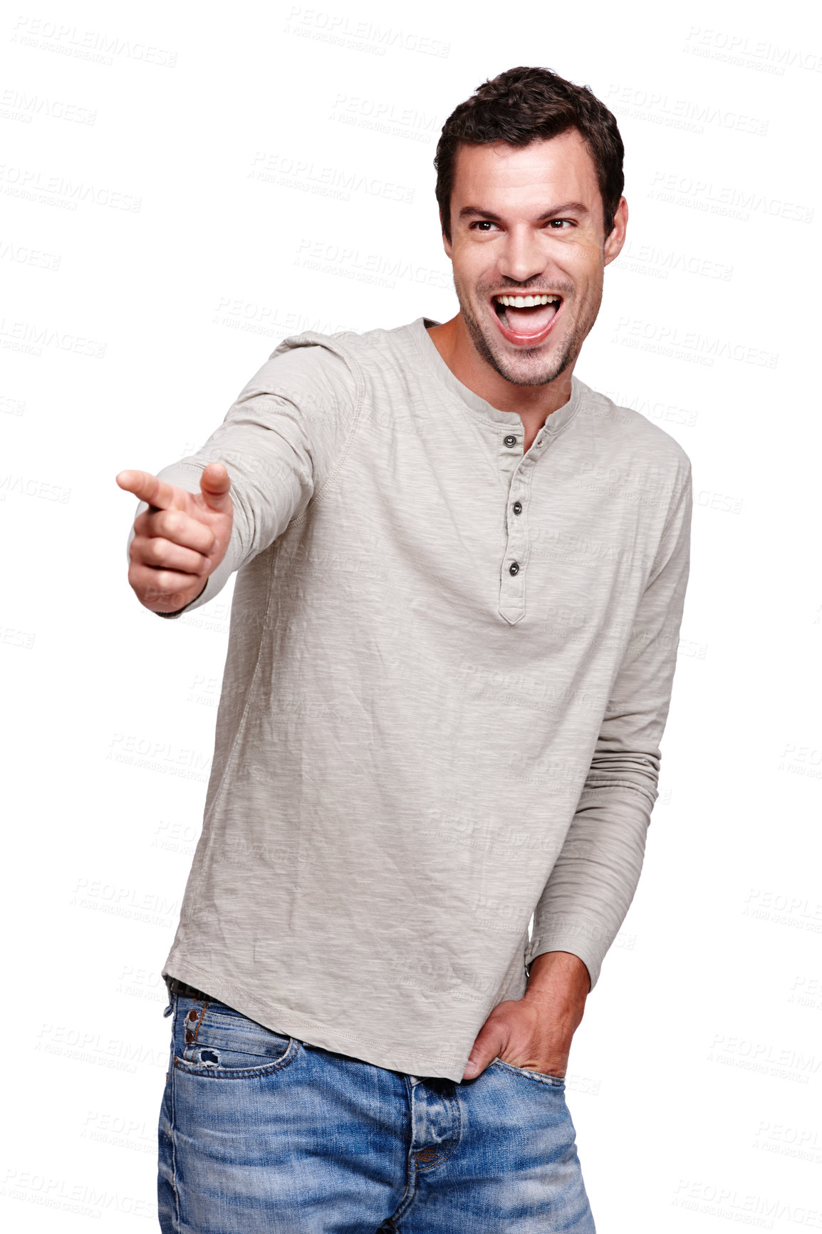 Buy stock photo Wow, man and pointing hand in direction with excited, curious and surprise expression. Happy smile of handsome model thinking of ideas with excited focus at isolated white background.

