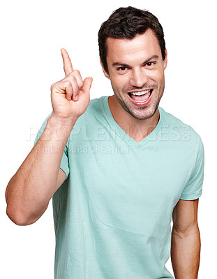 Buy stock photo Fashion, pointing finger and portrait of man for marketing, advertising and mockup isolated on white background. Branding, hand gesture and male model for message, announcement and text in studio 