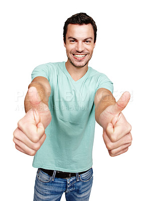 Buy stock photo Portrait, thumbs up and motivation with a man in studio isolated on a white background showing an emoji as a winner. Thank you, goal or target with an excited man giving a positive hand sign