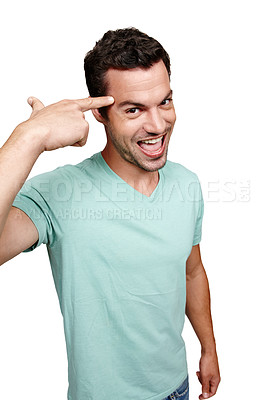 Buy stock photo Portrait, man and pointing to head for idea, thinking and guy isolated on white studio background. Young male, gentleman or gesture for mindset, focus or brain power for thought, planning or decision