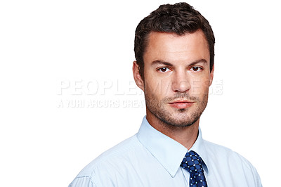 Buy stock photo Head and shoulders portrait of a handsome businessman isolated on a white background