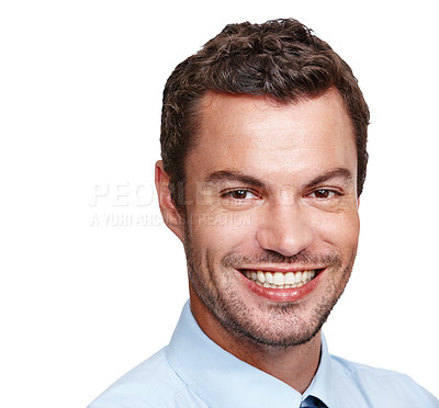 Buy stock photo Closeup portrait of a handsome young businessman isolated on a white background