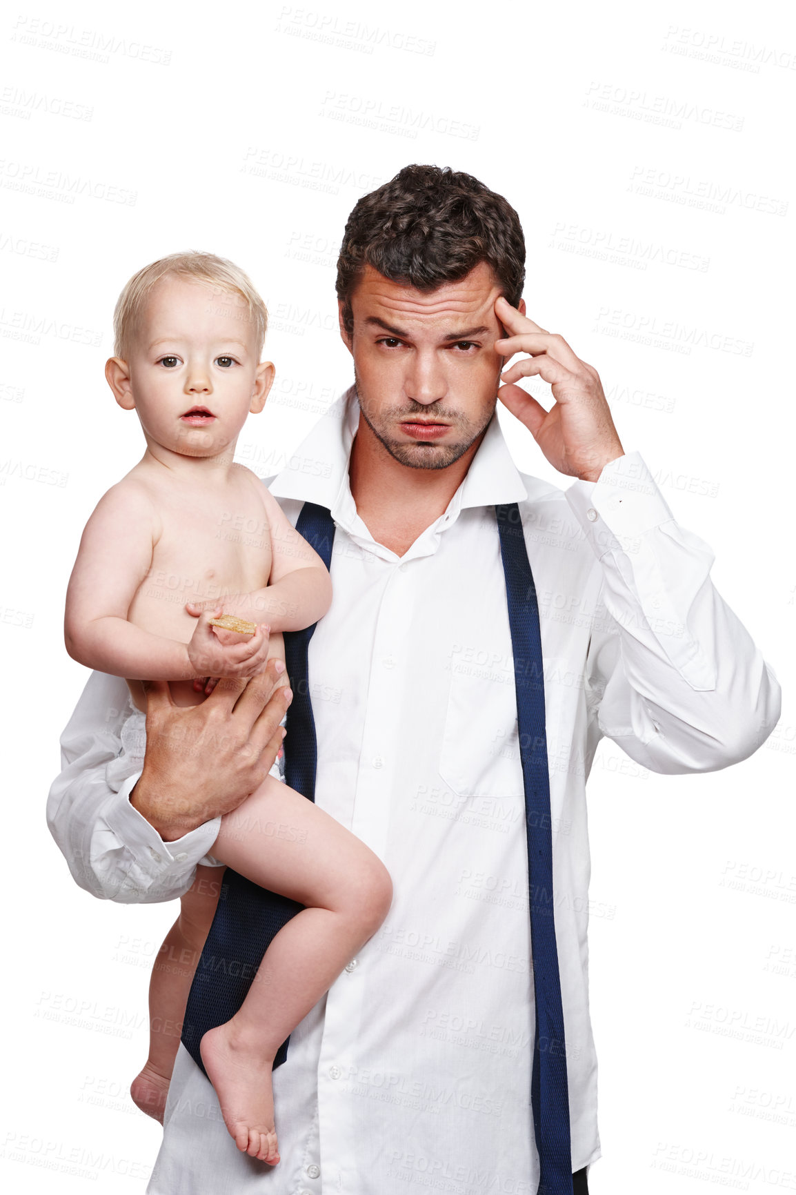 Buy stock photo Toddler, portrait or father with headache, stress or debt with inflation crisis, fatigue or child support. White background, businessman or tired single dad in studio with kid, boy or busy schedule