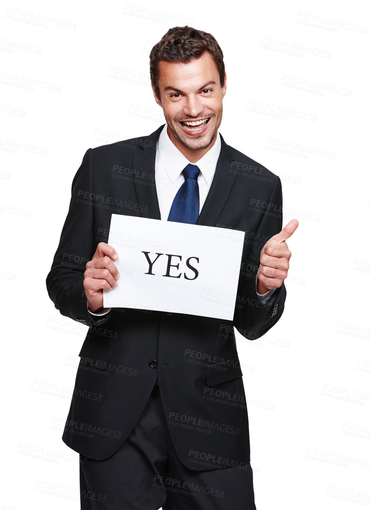 Buy stock photo A handsome young businessman holding a placard with 