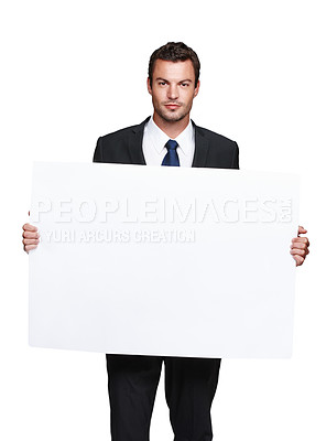 Buy stock photo Business, man and poster mockup in studio, paper board and company information on white background. Professional, employee and news or announcement, opinion and promotion presentation for career