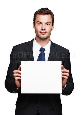 Buy stock photo Businessman, portrait and placard mockup in studio, paper board and company information on white background. Professional, employee and news or announcement, opinion and promotion presentation