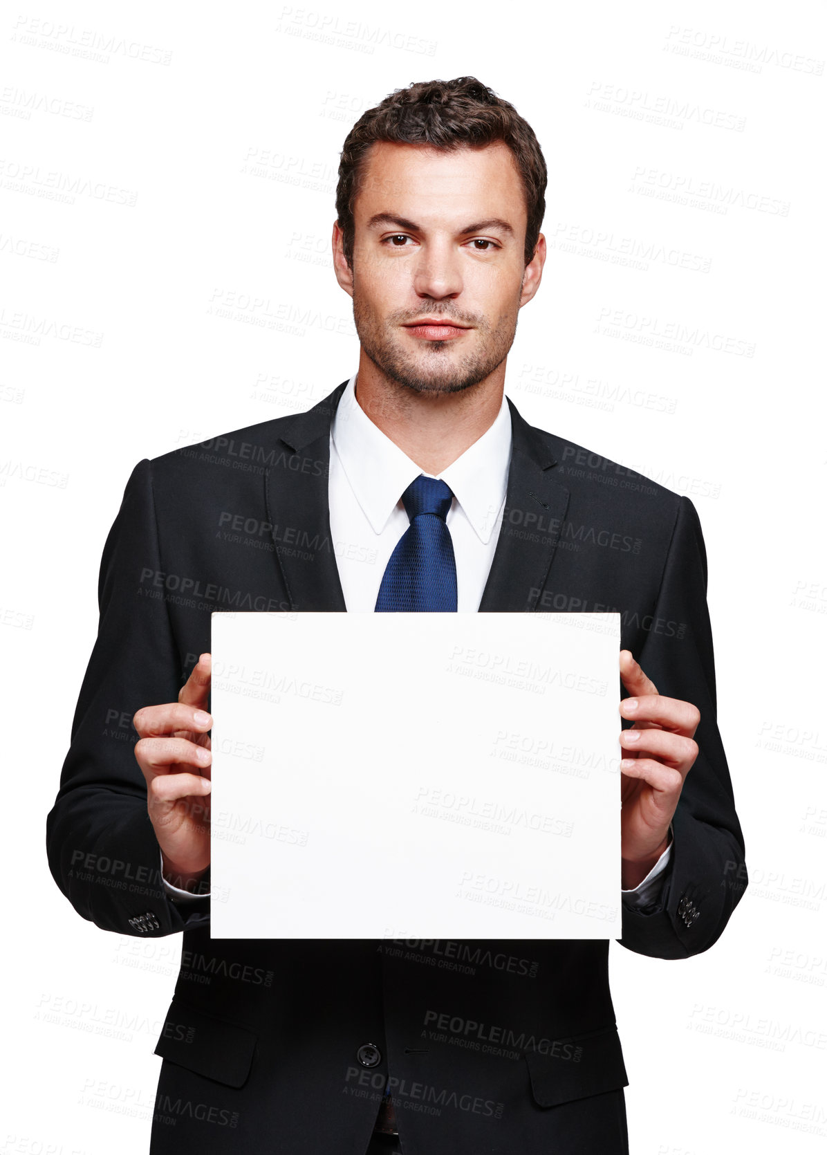 Buy stock photo Businessman, portrait and placard mockup in studio, paper board and company information on white background. Professional, employee and news or announcement, opinion and promotion presentation