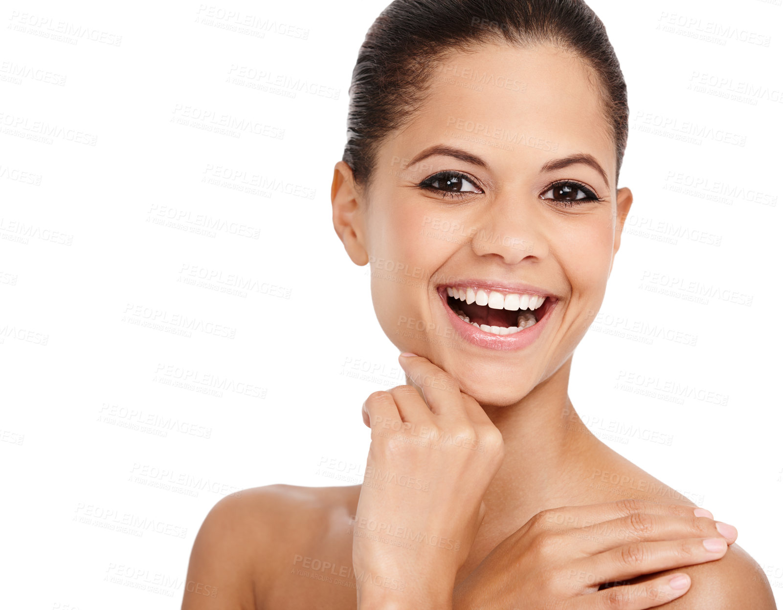 Buy stock photo A gorgeous young woman laughing while isolated on white and touching her face