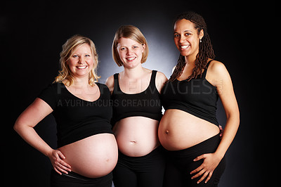 Buy stock photo Portrait of three pregnant women smiling isolated on black background. Happy females expecting babies standing together. Ladies with unborn children smiling and supporting or caring for each other