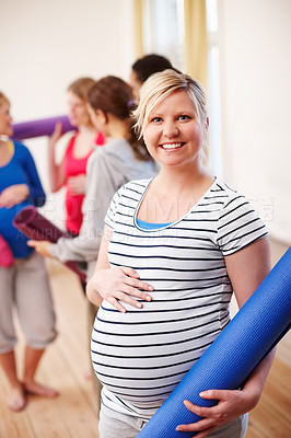 Buy stock photo Woman, pregnant and pilates class with group of friends, smile or portrait for maternity workout. Yoga, fitness or studio for calm and happy people, prenatal or exercise for health or support