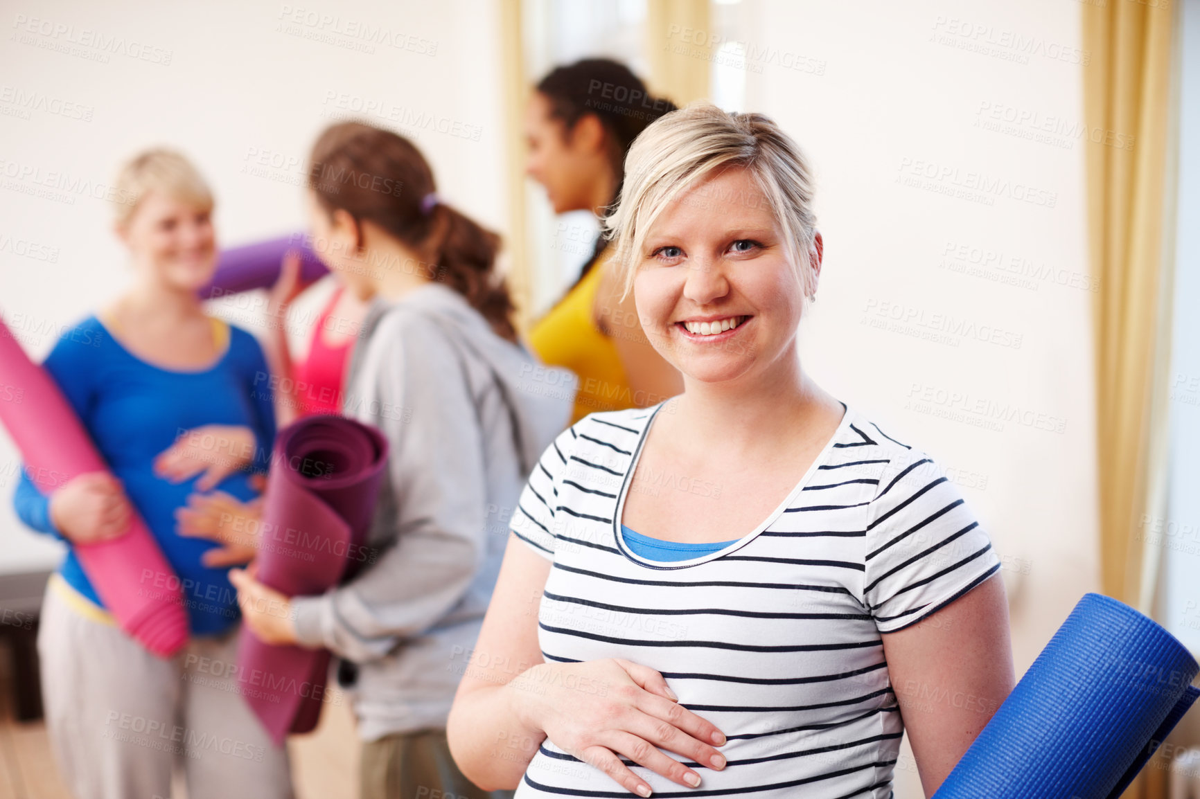 Buy stock photo Woman, pregnant and workout with group of friends, smile or portrait for maternity pilates. Yoga, fitness or studio for flexibility and happy people, prenatal or exercise for health or support