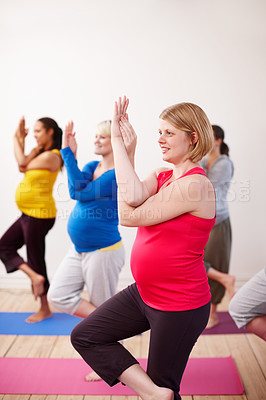 Buy stock photo Pregnant, woman and yoga class with friends, balance and  pregnancy pilates. Exercise, fitness and group for eagle pose and happy people, mother or maternity workout for health or support together