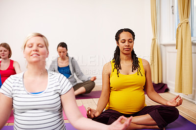 Buy stock photo Pregnant, woman and meditation class with friends, group or pregnancy pilates. Yoga, lotus or diversity with female people, mother and maternity for exercise or health together for zen practice