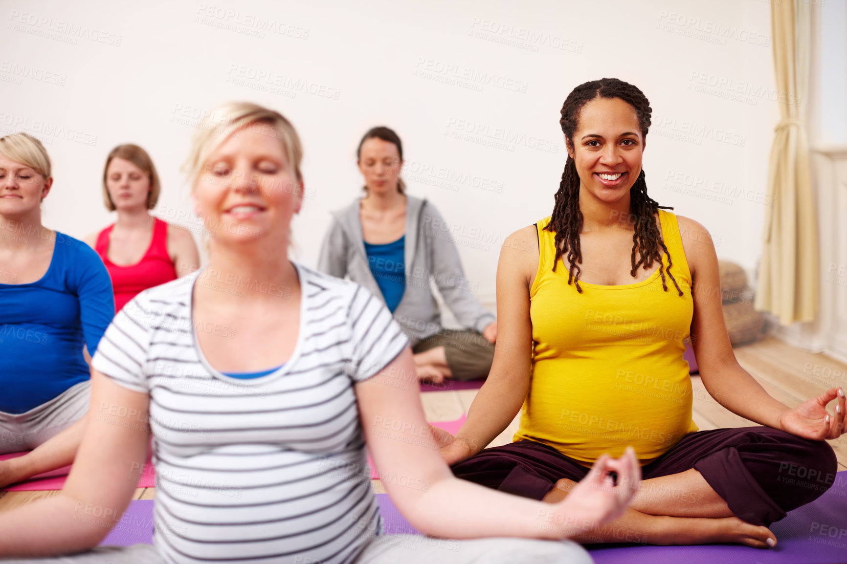 Buy stock photo Pregnant, smile and meditation class with woman, calm and pregnancy pilates. Yoga, zen or group of female people mother or maternity, workout or health or support together for spiritual practice