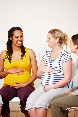 Buy stock photo Woman, group and friends for prenatal class, together and smile for unity and pregnancy advice. Pregnant, stomach and female people for child birth, communication and trust for bonding in community