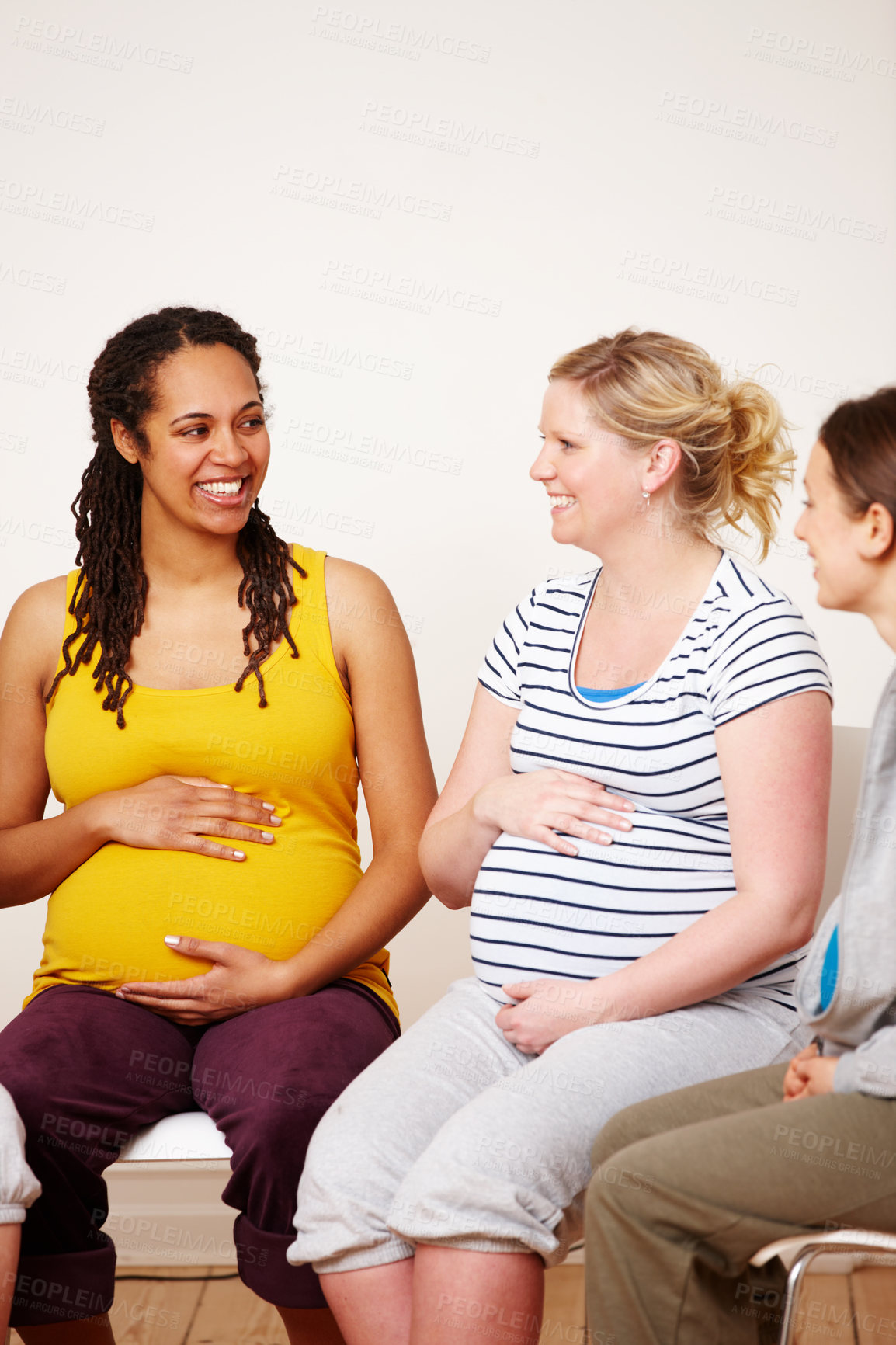 Buy stock photo Woman, group and friends for prenatal class, together and smile for unity and pregnancy advice. Pregnant, stomach and female people for child birth, communication and trust for bonding in community