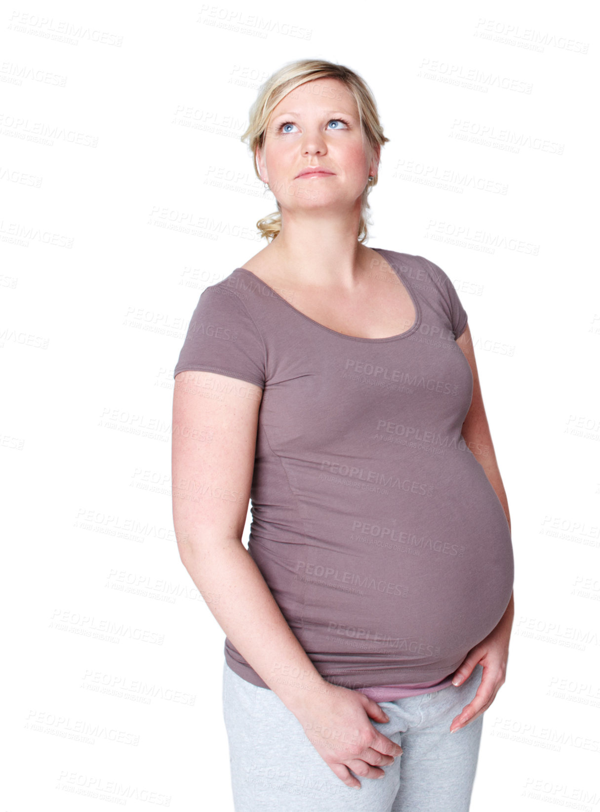 Buy stock photo Thinking, pregnant and woman in studio for baby wellness, parenthood or daydreaming with white background. Stomach, thoughtful and future mother with planning for prenatal care, birth or fetus health