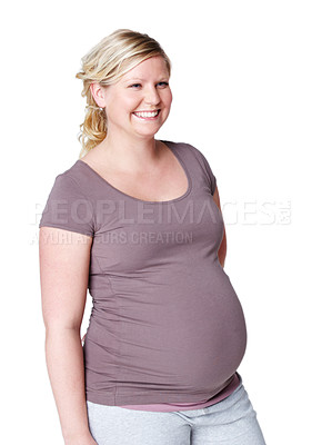 Buy stock photo Woman, pregnant and smile in studio with thinking, fashion or excited for baby by white background. Person, happy and ready for motherhood with reflection, decision and insight for future with infant