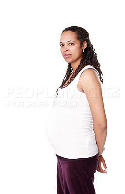 Buy stock photo Black woman, portrait or pregnancy in studio with healthy baby growth, wellness or pregnant person. Body, development or proud mother to be in side view of abdomen, tummy or belly on white background