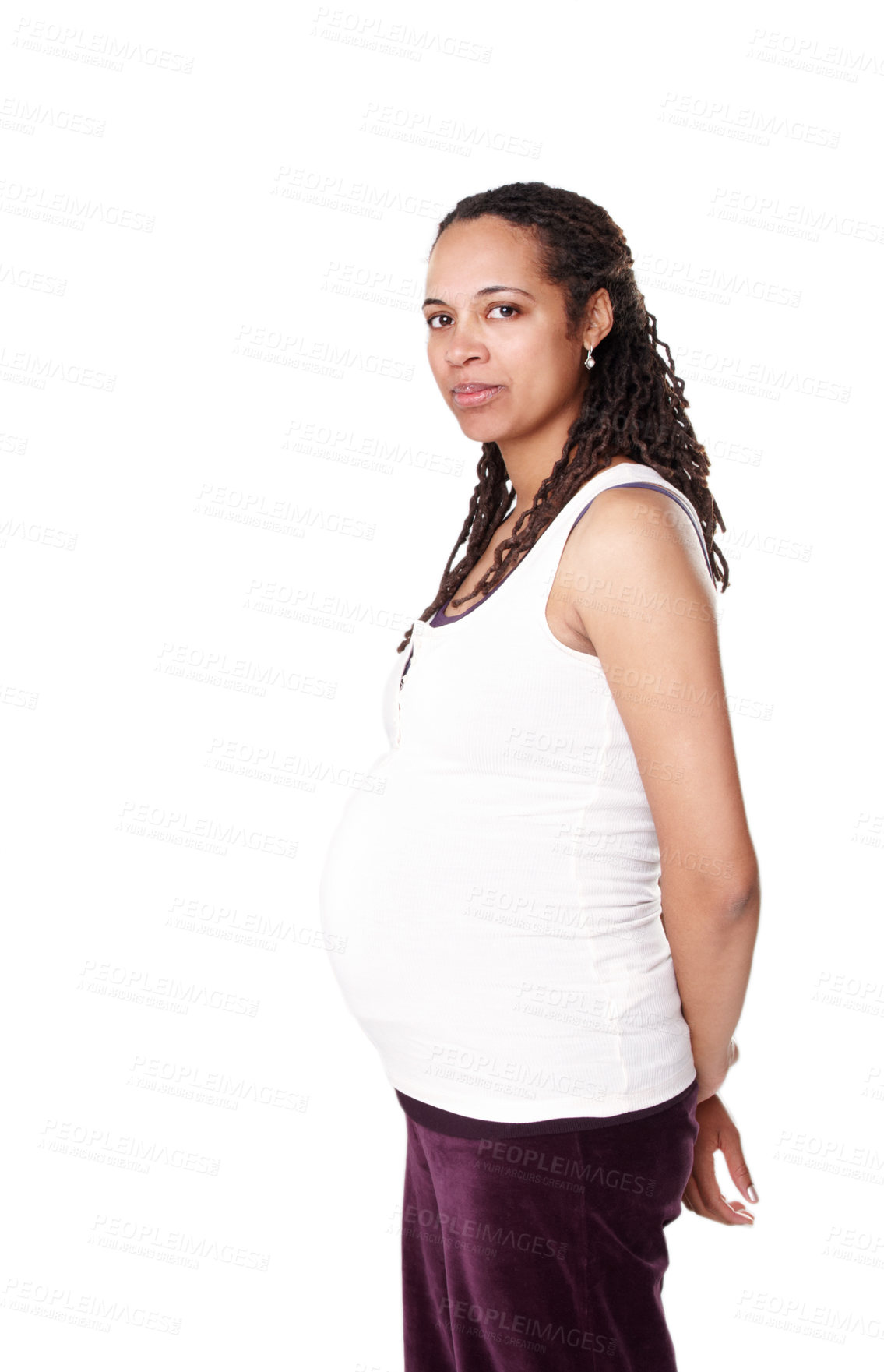 Buy stock photo Black woman, portrait or pregnancy in studio with healthy baby growth, wellness or pregnant person. Body, development or proud mother to be in side view of abdomen, tummy or belly on white background