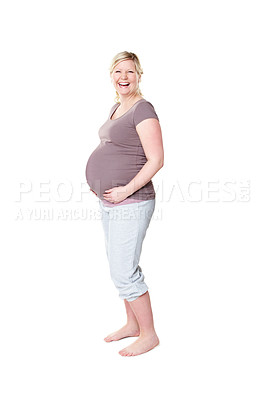 Buy stock photo Pregnant woman, happy and stomach in studio portrait, fashion or excited for baby by white background. Person, smile and ready for motherhood with pride, confidence and maternity clothes for comfort