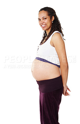 Buy stock photo Black woman, portrait or pregnancy in studio with smile, healthy baby growth or pregnant person. Development, happy or proud mother to be in side view of abdomen, tummy or belly on white background