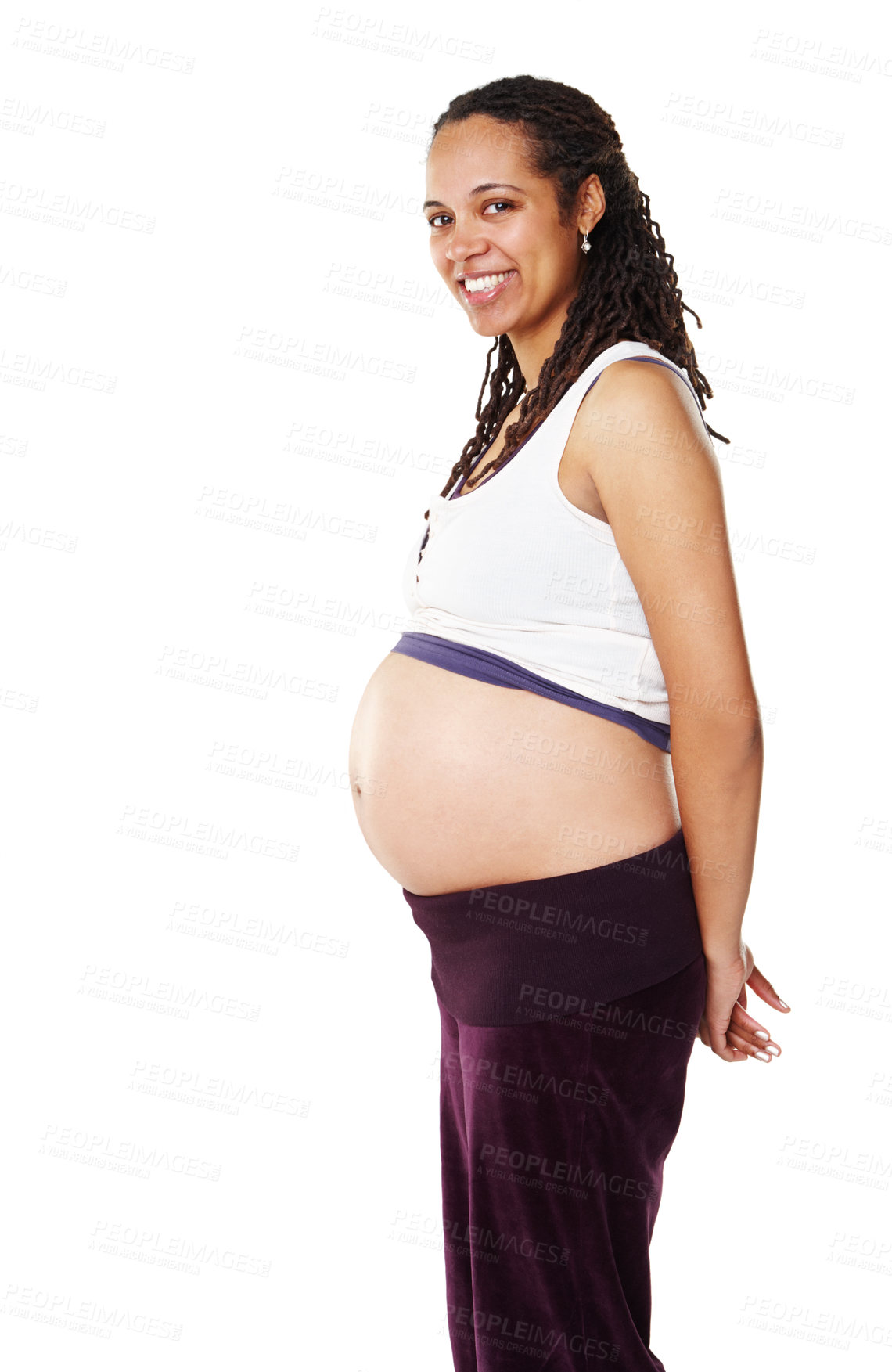 Buy stock photo Black woman, portrait or pregnancy in studio with smile, healthy baby growth or pregnant person. Development, happy or proud mother to be in side view of abdomen, tummy or belly on white background