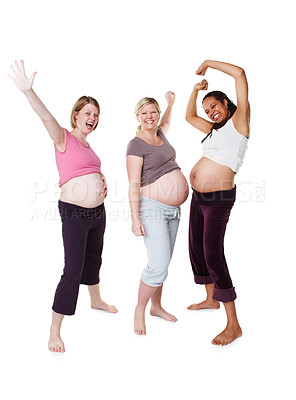 Buy stock photo Diversity, happy and pregnant women with smile in happiness for motherhood on white studio background. Portrait of a group of woman friends excited in pregnancy together to be a mother and birth. 