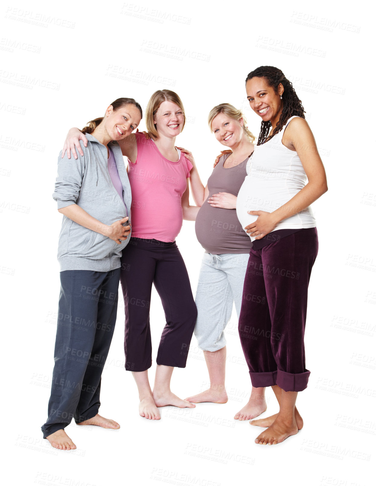 Buy stock photo Pregnant girl friends, pregnancy and future mother group portrait looking happy and content. Happiness of women smile holding their stomach to show support, trust and community solidarity at a studio