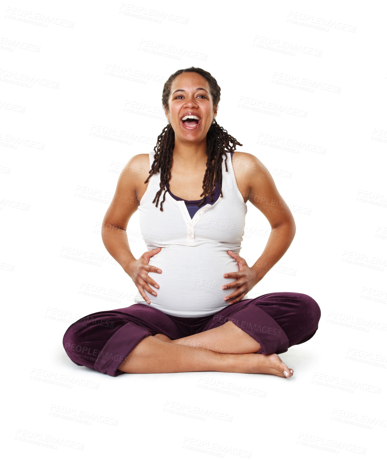 Buy stock photo Excited black woman, portrait or pregnancy in studio with smile, healthy baby growth or pregnant person. Development, laugh or happy mother to be holding abdomen, tummy or belly on white background