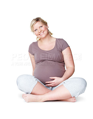 Buy stock photo Happy woman, portrait and pregnant in studio with smile, healthy baby growth and safe pregnancy. Development, confident and proud mother to be holding abdomen, tummy and belly on white background