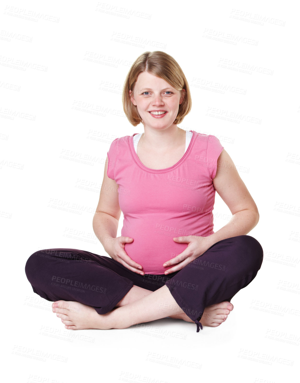 Buy stock photo Relax, portrait and pregnant woman in studio with smile, healthy baby growth and safe pregnancy. Development, confident and happy mother to be holding abdomen, tummy and belly on white background