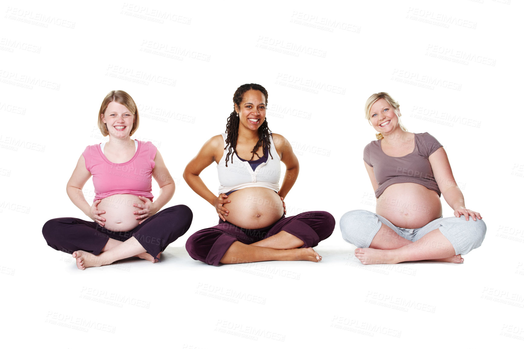 Buy stock photo Pregnant woman, group and portrait on studio floor for yoga, smile or solidarity by white background. People, mother or wellness club for pregnancy with diversity, happy and connection with support