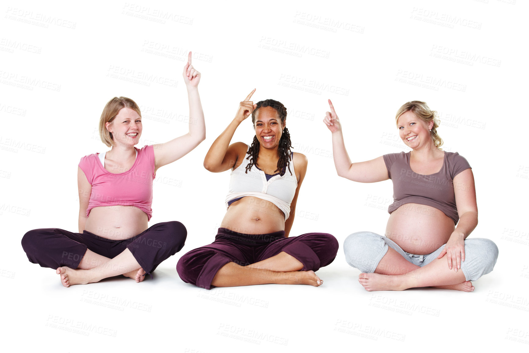 Buy stock photo Friends, women and pregnant in studio with pointing for solidarity, healthy and happy in portrait. Female people, white background and together with hand gesture for pregnancy, support with diversity