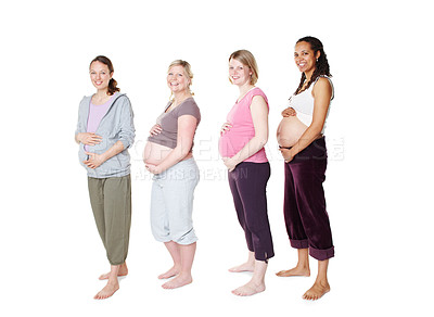 Buy stock photo Pregnant women, diversity and support group community with multicultural friends and mothers standing together. Health, wellness and pregnancy class for happy and healthy women in maternity wear
