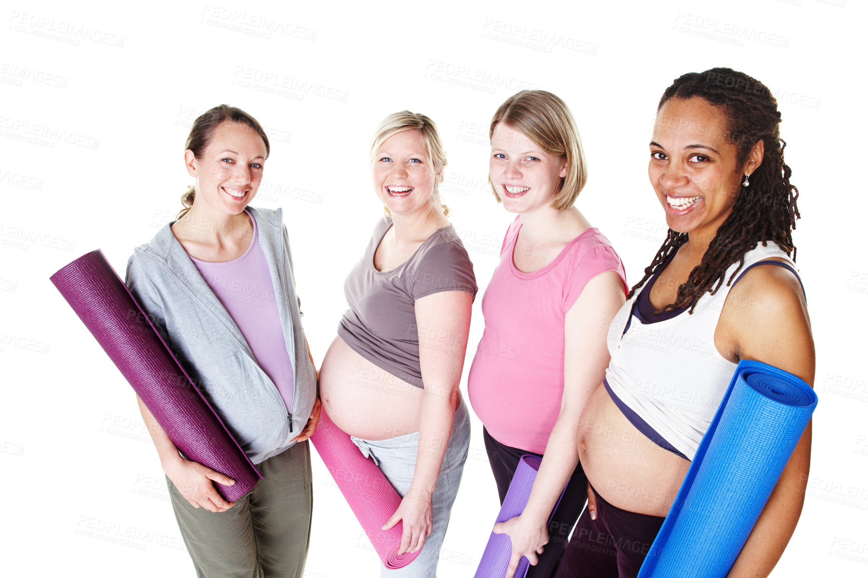 Buy stock photo Pregnant women, friends and portrait on studio for yoga, smile or solidarity by white background. Group, mother or wellness club with mat for pregnancy with diversity, happy or people with support