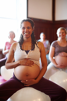 Buy stock photo Pregnant, mother and people at pregnancy yoga class, doing pilates for fitness and workout for healthy body. Happy women doing calm and peaceful sports training for wellbeing and health at gym