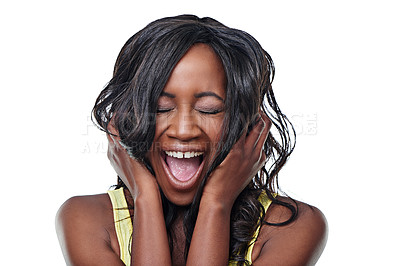 Buy stock photo Woman, shouting and studio with closed eyes, screaming and face expression and isolated on white background. Mockup space, loud and singing black female person, hands on ear for pitch or sound