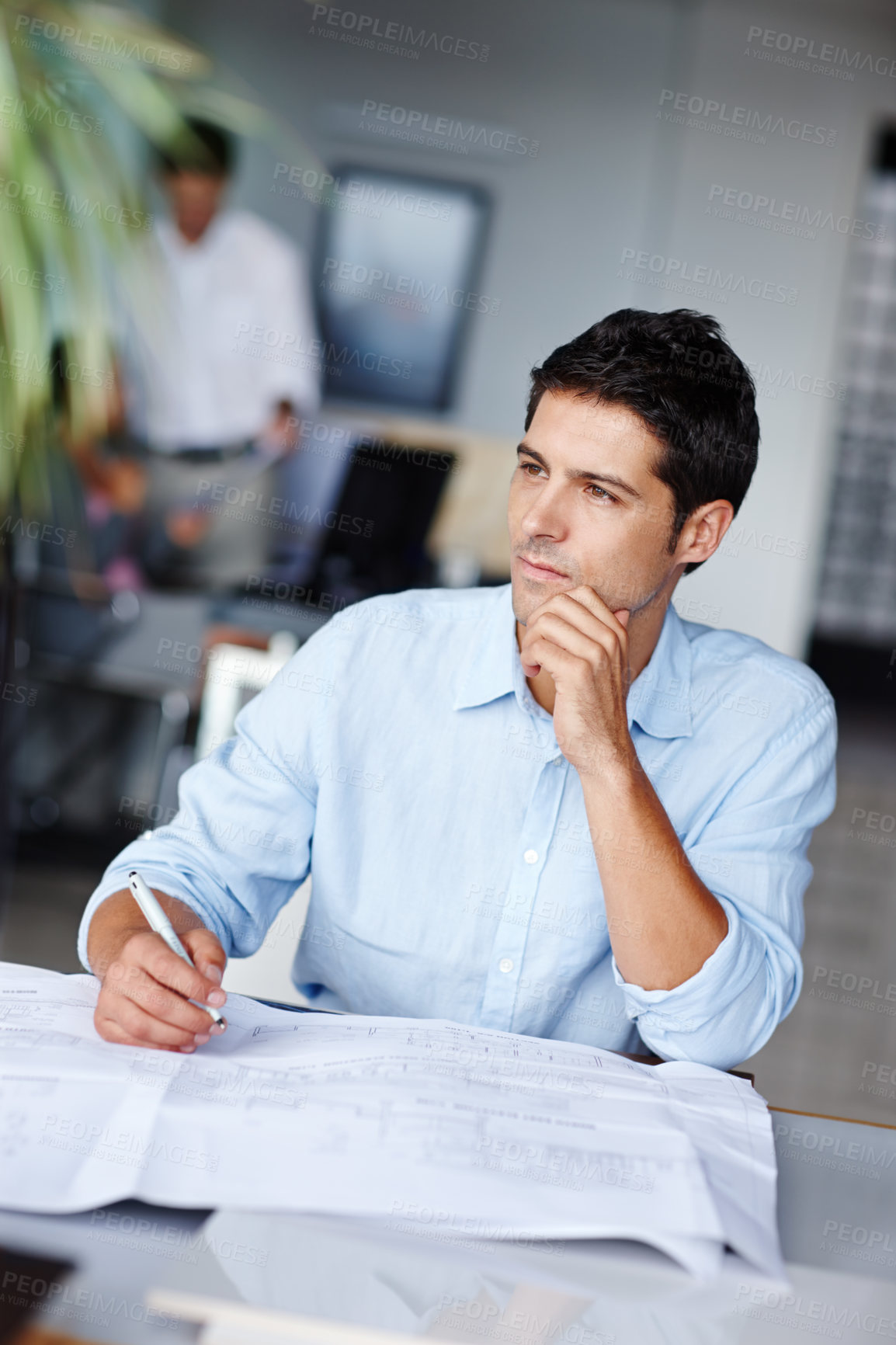 Buy stock photo Floor plan, man or architect thinking of civil engineering, career or project management for building. Blueprint, planner or designer in workplace for development or brainstorming with paper or ideas
