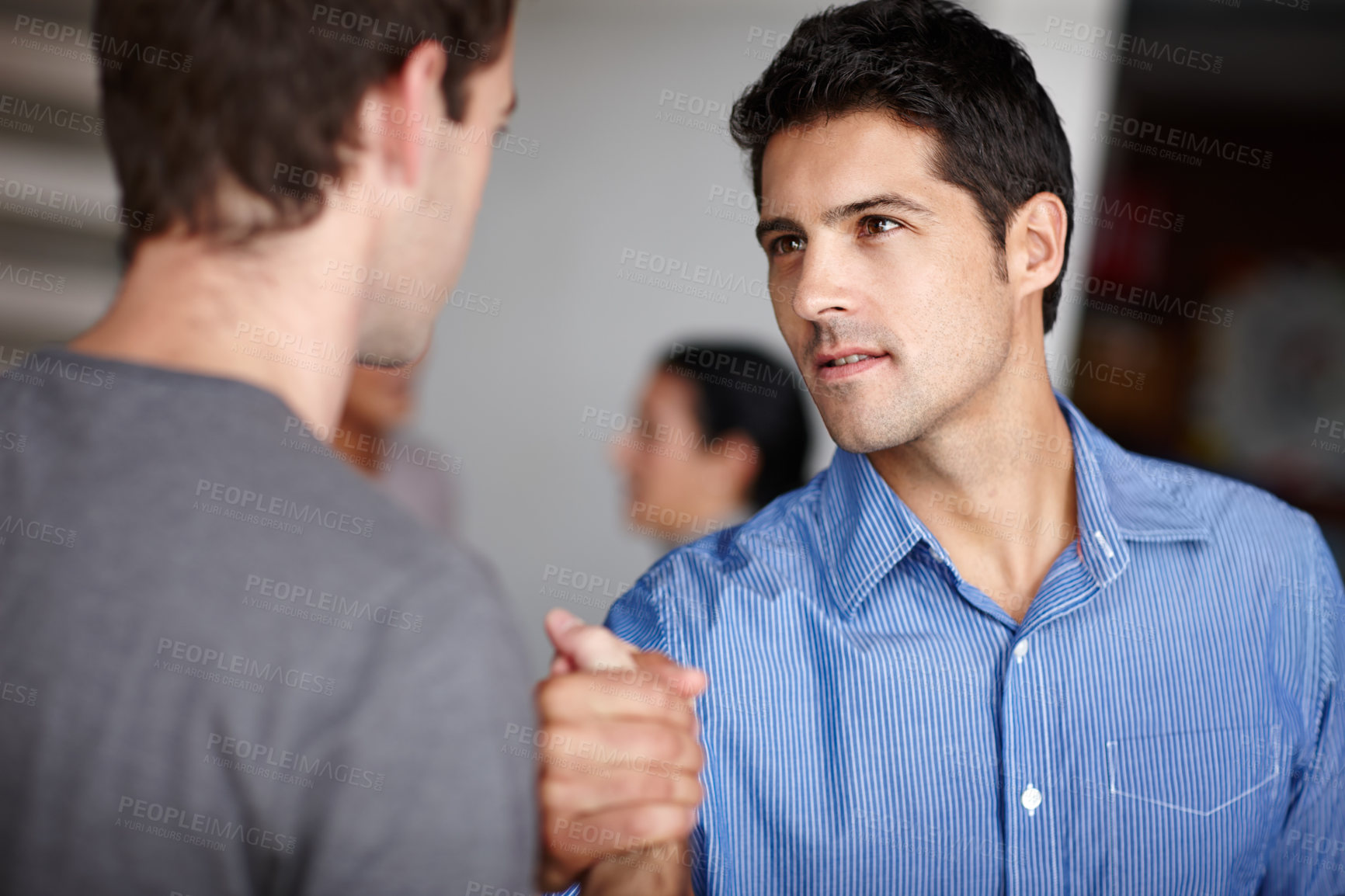Buy stock photo Meeting, business men and handshake in office with partnership for deal, B2B agreement or teamwork. Media agency, professional and employees shaking hands for introduction, collaboration or welcome