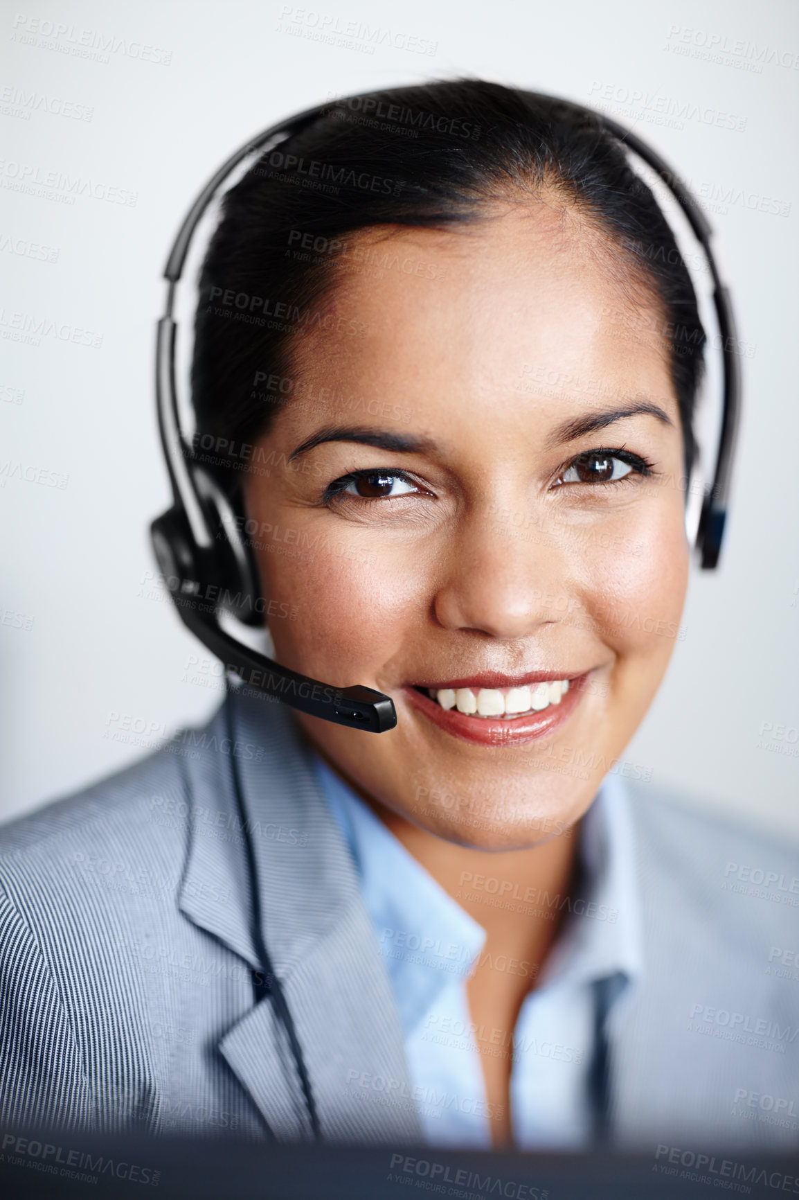 Buy stock photo Woman, portrait and smile with headset in call center, help desk and tech support or customer care. Consultant, telemarketing and online or inbound sales, agent and microphone for virtual discussion
