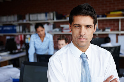 Buy stock photo Portrait, leader and confident business man in office for coworking, career and pride at workplace. Face, serious manager and professional sales administrator, expert and employee working with team