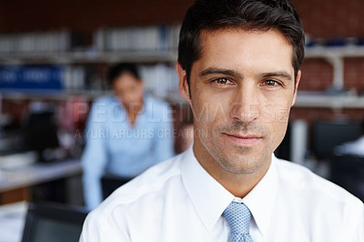 Buy stock photo Portrait, leader and business man in office for coworking, career and job at workplace. Face, confident manager and professional insurance agent, expert and employee working with team in company
