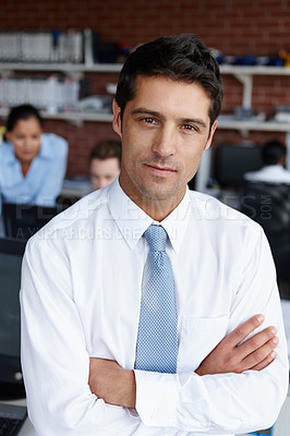 Buy stock photo Portrait, manager and business man with arms crossed in office for coworking, pride and job. Face, confident leader and professional insurance agent, expert or employee working for career in company