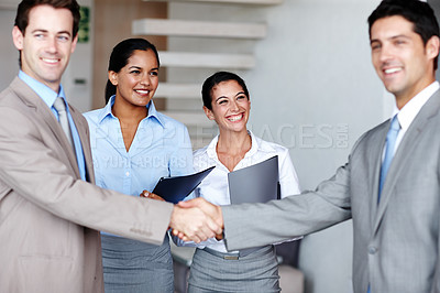 Buy stock photo Business, people and handshake in teamwork workplace, employee and welcome greeting or thank you in office. Collaboration, support and b2b hiring for company meeting, smile and happy for onboarding