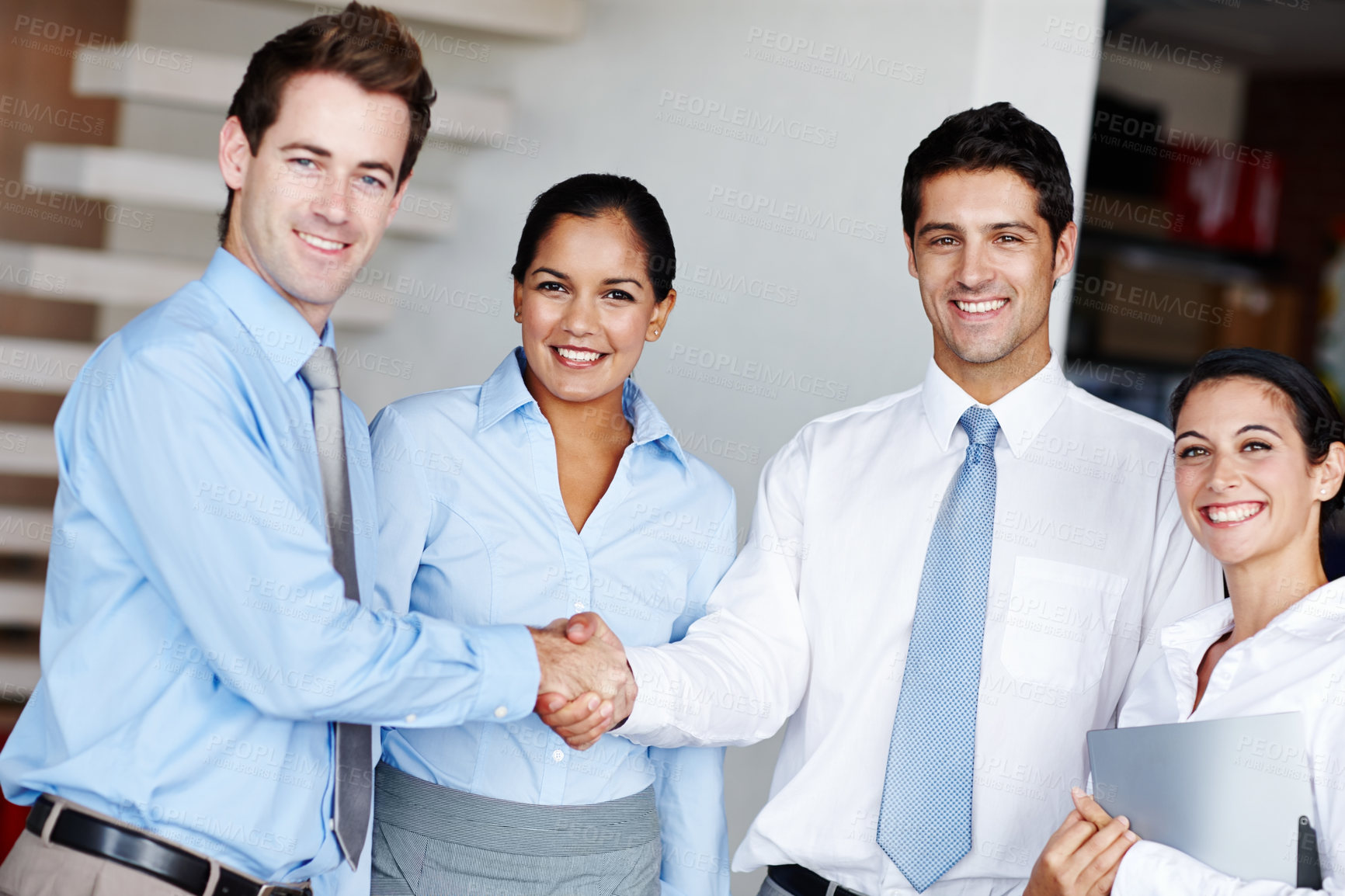 Buy stock photo Business, people and shaking hands in teamwork portrait, employee and welcome greeting or thank you. Collaboration, support and hiring for company meeting, smile and happy for b2b onboarding
