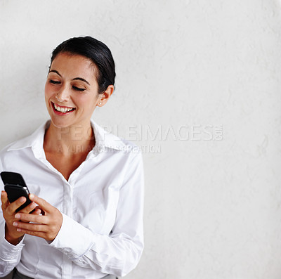 Buy stock photo Business, woman and happy with reading phone for text message, email notification and communication. Financial consultant, person and smile with tech for good news, typing and client review on mockup