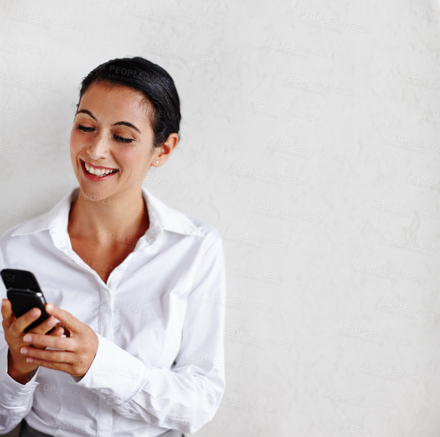 Buy stock photo Business, woman and happy with reading phone for text message, email notification and communication. Financial consultant, person and smile with tech for good news, typing and client review on mockup