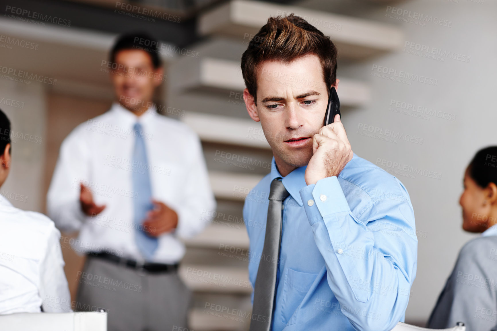 Buy stock photo Phone call, business and man in meeting, conversation and discussion for b2b deal, network and disturb. Person, employee and consultant with cellphone, mobile user or unprofessional conduct in office