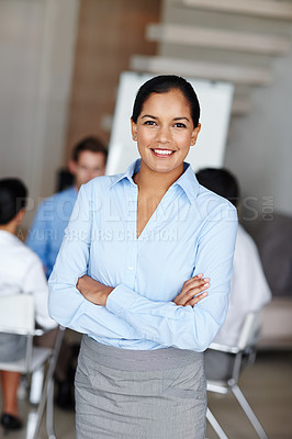 Buy stock photo Business woman, portrait and arms crossed in meeting for collaboration, trust and feedback in office. Happy accountant, manager pride and team discussion with revenue review, planning and solidarity